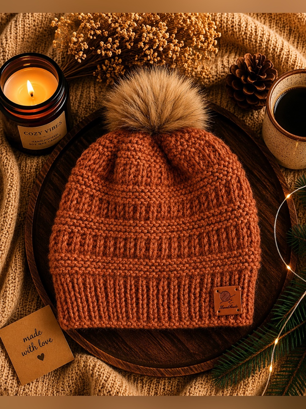 Cozy Knit Pom Beanie in Clay with Faux Fur Pom